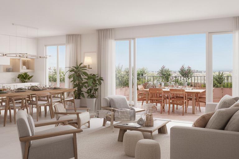 Salón amplio del dúplex Arenal Gran en Vinaròs con comedor para grupos y salida a terraza