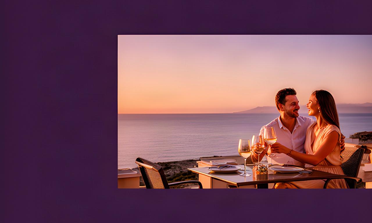 Pareja brindando en una terraza de Vinaròs al atardecer frente al mar Mediterráneo