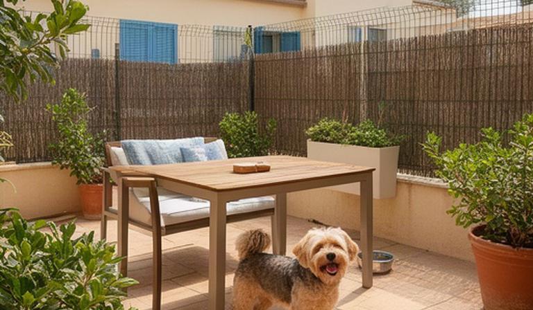 Perro pequeño junto a una mesa en el patio vallado de La Casita del Pino