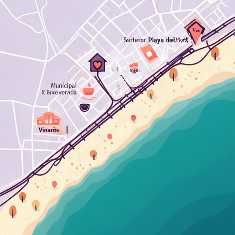 Mapa ilustrado de Vinaròs con apartamentos, playa del Fortí, mercado municipal y zona de tapas